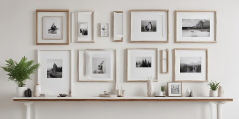 Elegant photo frame display; white wall, diverse frames, clean aesthetic,  art,  simple