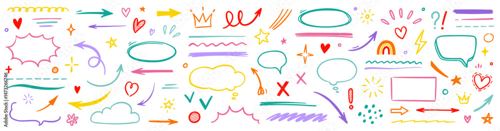 Poster line hand drawn brush marker arrow, heart shape element kid color set. hand drawn sketch marker unde