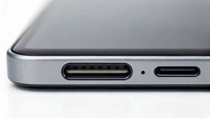 Close-up of a smartphone showing charging ports and sleek design elements.