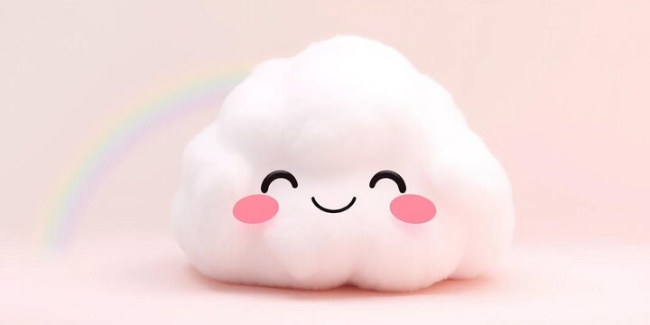 Fluffy kawaii anime cloud with cheerful smiling face, pastel rainbow accents, sky, pattern