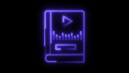 Glowing neon audiobook icon animation on black background concept for online education and learning