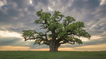 Majestic oak tree standing alone under dramatic sky with rays of sunlight bursting through