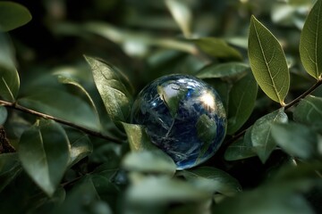 Fototapeta premium Small Blue Glass Sphere Amidst Lush Green Foliage