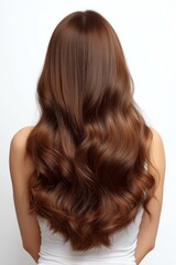 Fototapeta premium Beautiful long wavy hair cascading down, showcasing rich brown hues and healthy shine against a plain background.