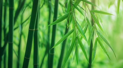 Lush green bamboo stalks and leaves creating a serene and tranquil atmosphere in nature.