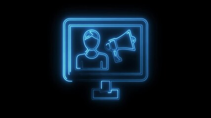 Neon computer screen with influencer and megaphone digital marketing announcement animation
