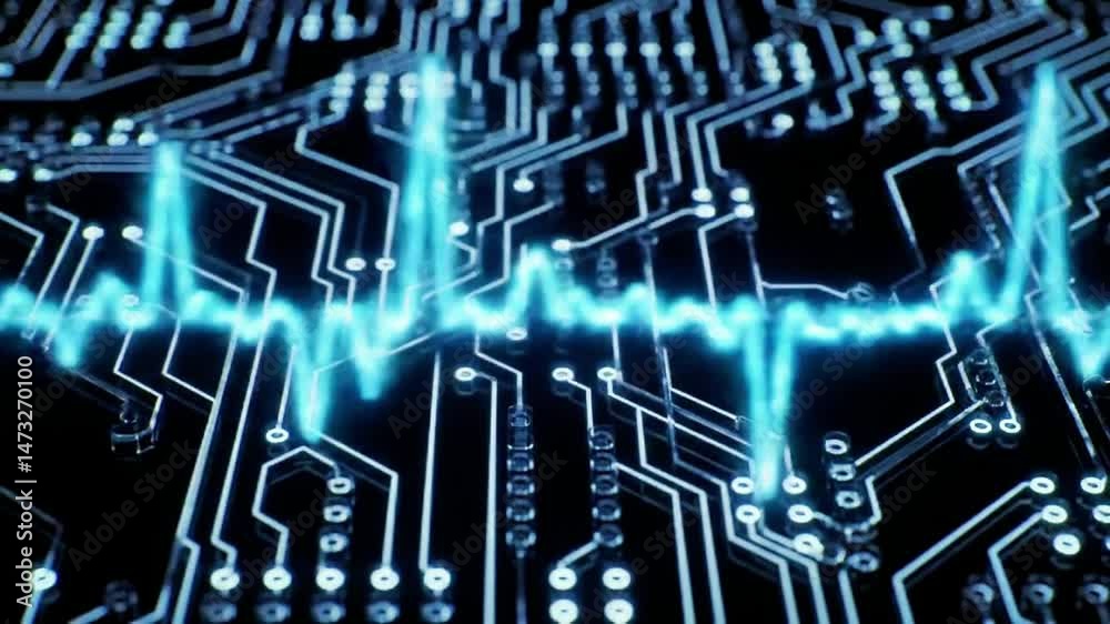 Poster Circuit Board with Pulsating Blue Data Streams