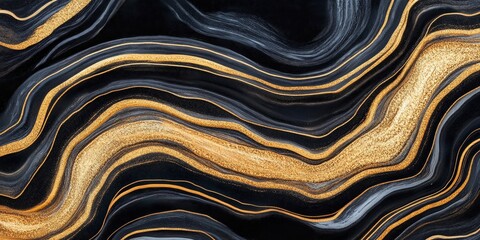 Abstract black and gold swirl pattern with luxury marble texture. Elegant shiny metallic design for modern backgrounds and sophisticated art concepts.