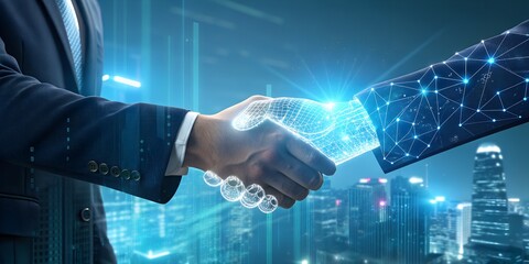 A futuristic concept of human AI collaboration, a businessperson in a suit shakes hands with a glowing, translucent robotic hand composed of digital circuits and light