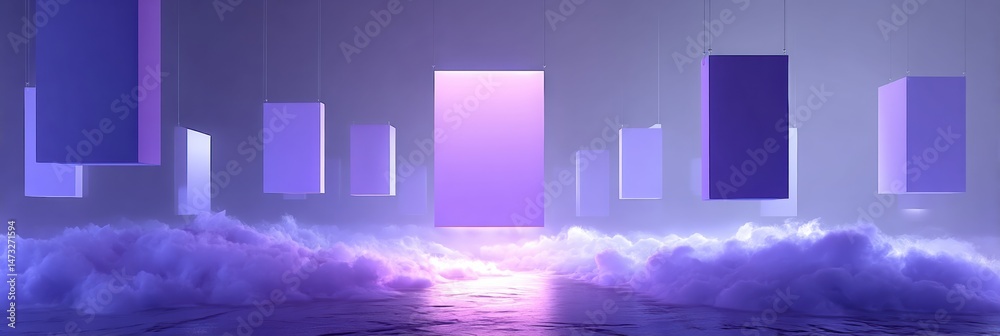 Poster floating 3d price tags illuminate a purple fog with a radiant center light area