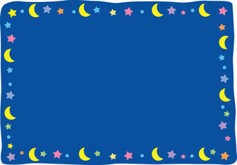 Frame with moon, colorful stars and blue background. Cute, simple, flat. Vector illustration.
