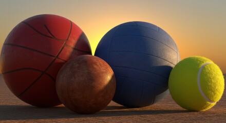 Sports Balls Grouped Together Against Sunset Sky