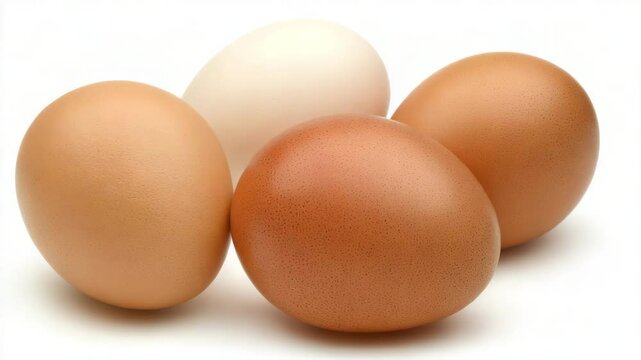 Four fresh eggs, three brown and one white, on a plain white background