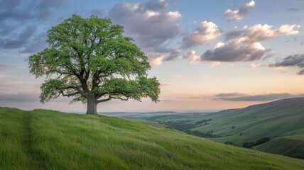 Fototapeta premium Majestic oak tree stands alone on a lush green hillside under a dramatic sky