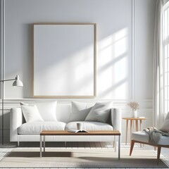 Fototapeta premium Frame mockup, ISO A paper size. Living room wall poster mockup. Interior mockup with house background. Modern interior design. 3D render 