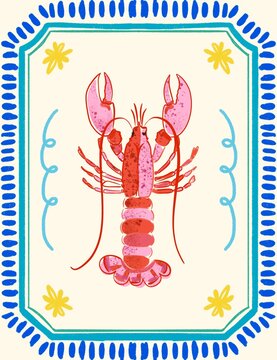 illustration of lobster hand drawn, poster, print, summer, tropical