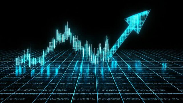 Glowing blue digital upward trending arrow and chart on grid with data, signifying growth and positive market trend