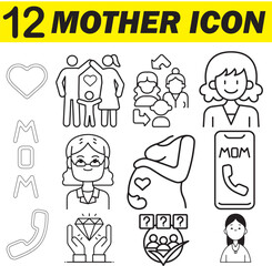 Naklejka premium set of Mother's Day icons, mom and daughter, mother and father, happy, mom, editable icon set, heart, baby, children,