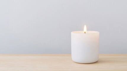 A white candle in a minimalist holder burns on a wooden surface against a light background.