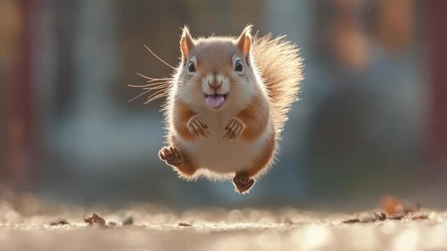 Delightful Squirrel Leaping Through the Air with Joyful Expression in a Forest Setting