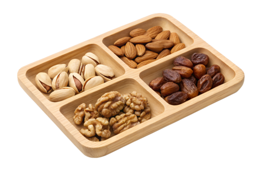 Wooden divided tray filled with assorted nuts and dates isolated on transparent background