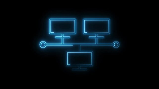 Neon network topology animation of connected computers and servers on black background