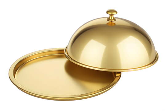 Gold serving tray and dome lid isolated on transparent background