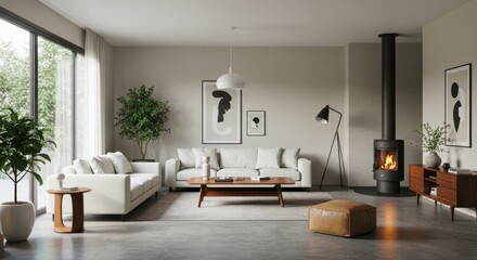 Fototapeta premium Living Room with Sofa, Fireplace, and Plants