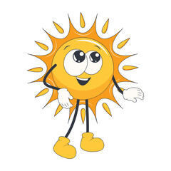 Cute Sun Groovy Cartoon Character. Isolated on White Background.