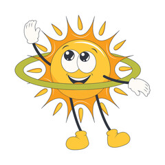Cute Sun Groovy Cartoon Character. Isolated on White Background.