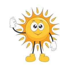 Cute Sun Groovy Cartoon Character. Isolated on White Background.