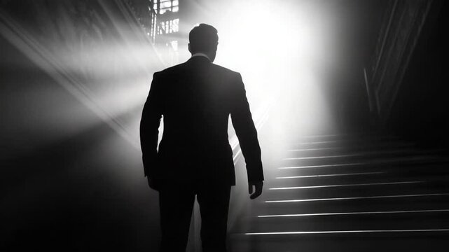 Black and white shot of a determined businessman climbing stairs towards success
