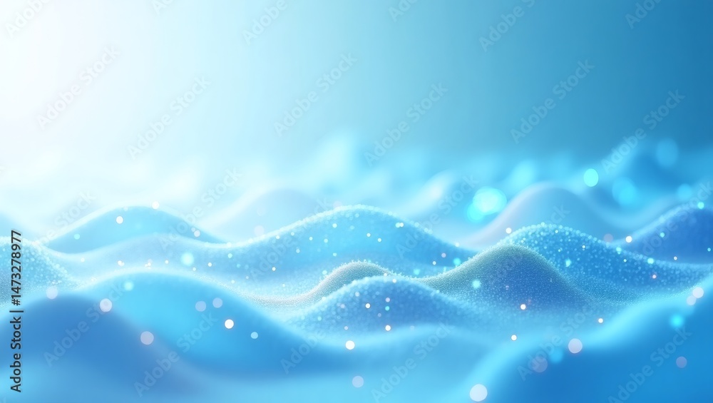 Poster an abstract of a dreamy blue ocean waves with shining light. the gentle waves are shimmering with sc