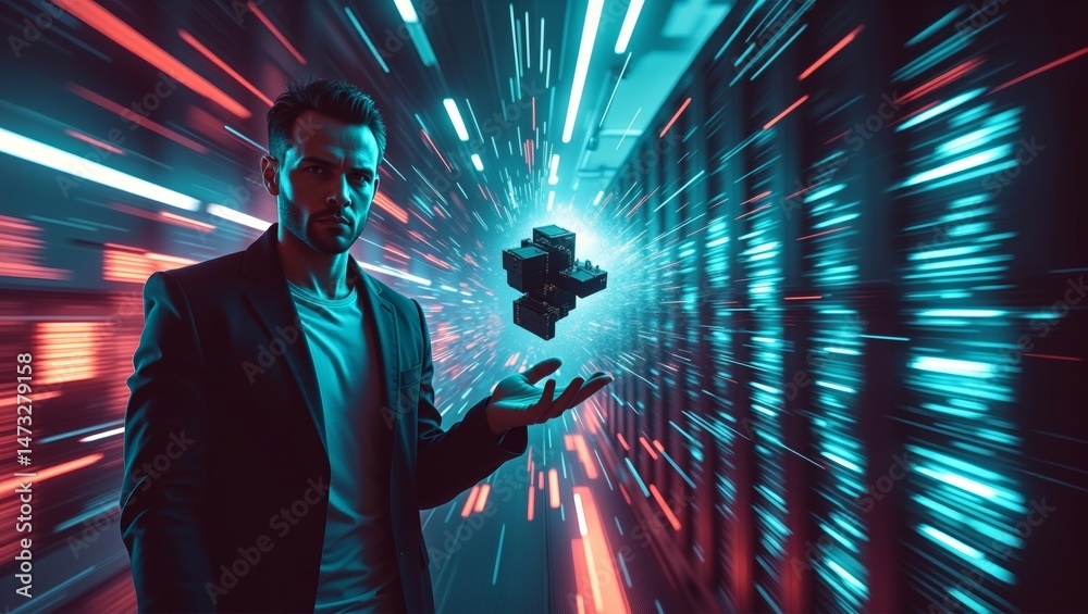 Poster a man in a futuristic setting holding a cube in the air
