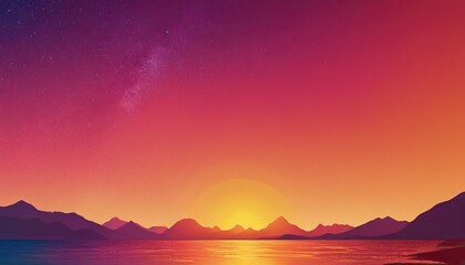 Hand painted vertical landscape illustration of mountains and sea at sunset or sunrise
1