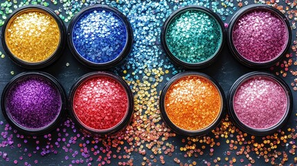 Colorful glitter in small, round containers.