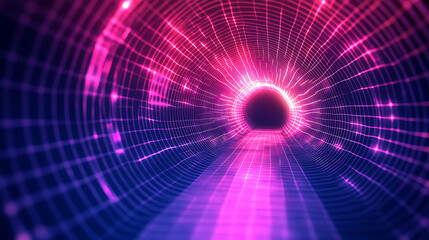 Abstract neon tunnel of glowing grid lines with an immersive perspective in pink and blue hues evoking a futuristic feel