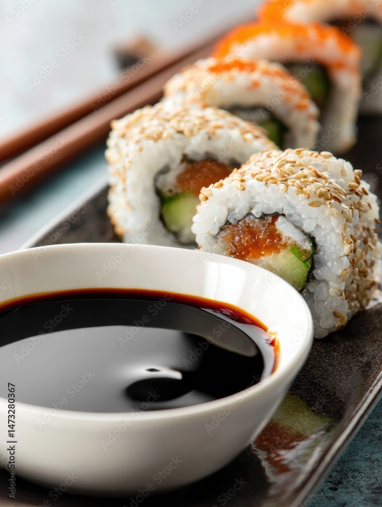 Poster Close-up View of Sushi Rolls Served With Soy Sauce on a Dark Plate Against a Gradient Background