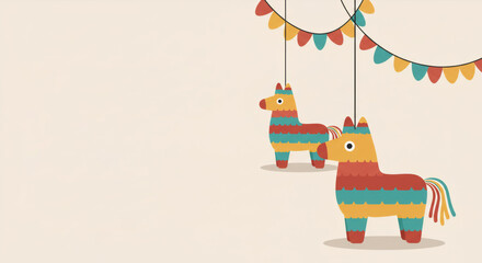 Fototapeta premium Colorful pinata shaped like a donkey hanging festive banner and celebration background. Festive design for Cinco de mayo, Mexican independence day and fiesta holiday party.