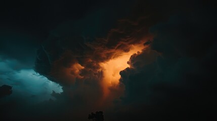 Obraz premium Fiery orange lightning illuminates dark storm clouds