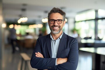 A smiling man in a suit standing in a modern office with his arms crossed.