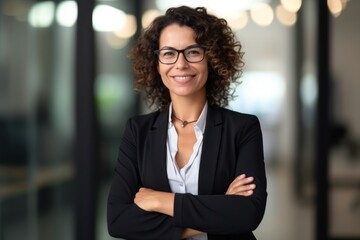 A smiling businesswoman in a black blazer and glasses standing in an office with her arms crossed.