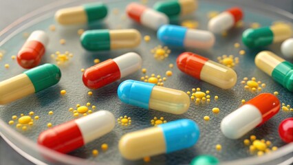 Colorful capsules and pills scattered on a petri dish, showcasing a close-up view of pharmaceutical elements in a scientific setting.