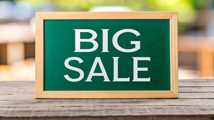 Green chalkboard sign announcing a Big Sale outdoors on a wooden table, perfect for advertising promotions and discounts.