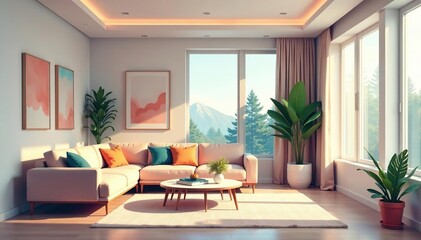 Fototapeta premium Modern living room interior design vector illustration, minimalist style, furniture, decor , apartment design, symbol