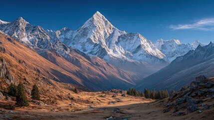 Snowcapped mountain looms over valley