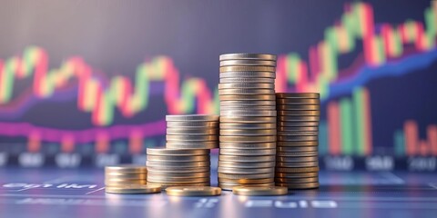 Stack of silver coins on trading chart background illustrating financial growth,  financial market,  money