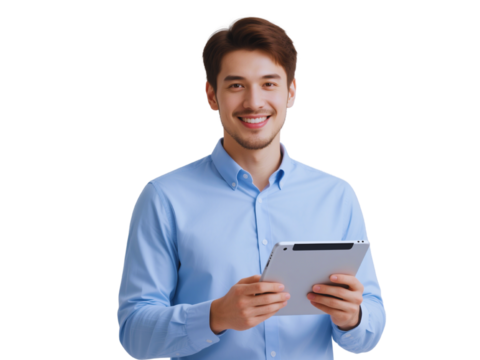 Smiling Young Man Using Tablet Computer - Powered by Adobe