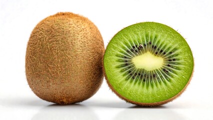 Fototapeta premium Fresh Kiwi Fruit Sliced and Whole on White Background Healthy Eating Delicious Vitamin C Tropical Fruit