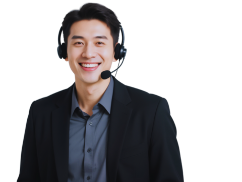 Smiling Asian Businessman Wearing Headset and Suit